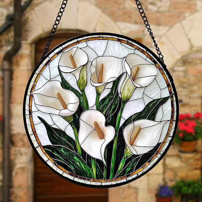 Stained Glass Window Hanging, White Calla Lily Flowers Sun Catchers Glass Panel Plant Suncatcher Decor for Birthday for Women, Men, Wife, Aunt, and Mom 7.8 in