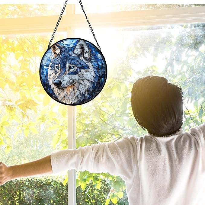 Stained Glass Window Hanging - Funny Wolf Suncatcher Ready to Hang Window Doors Home Decoration and Christmas, Mother's Day Birthday Gifts for Women, Men, and Mom 11.8x11.8 in
