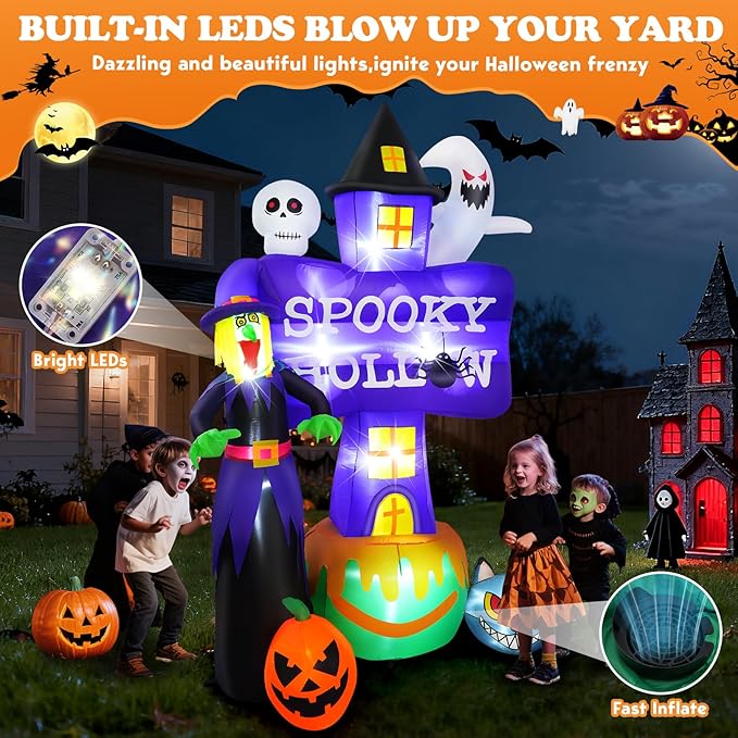 8F Halloween Inflatable Witch with Ghost Tombstones Black Cat Pumpkin Skeletons Scary Halloween Decorations, Indoor Outdoor Spooky Blow Up Yard Decorations for Garden Party Holiday Lawn Office Decor