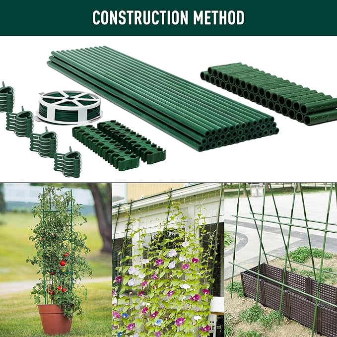 MAXPACE 125pcs Garden Stakes Kit: Includes 40 Sets of Fiberglass Plant Sticks Supports & Accessories for DIY 4ft, 5ft, 6ft, 7ft Stakes for Tomato, Vegetables, Indoor & Outdoor Gardening Supplies