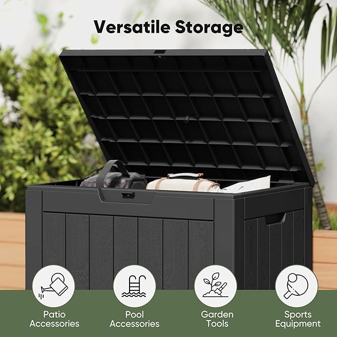 NEWBULIG 31 Gallon Outdoor Storage Box, Waterproof Deck Box with Lockable Lid, Patio Furniture Bench & Side Table, Easy Assembly, for Garden, Pool, Patio & Backyard Organization, Black