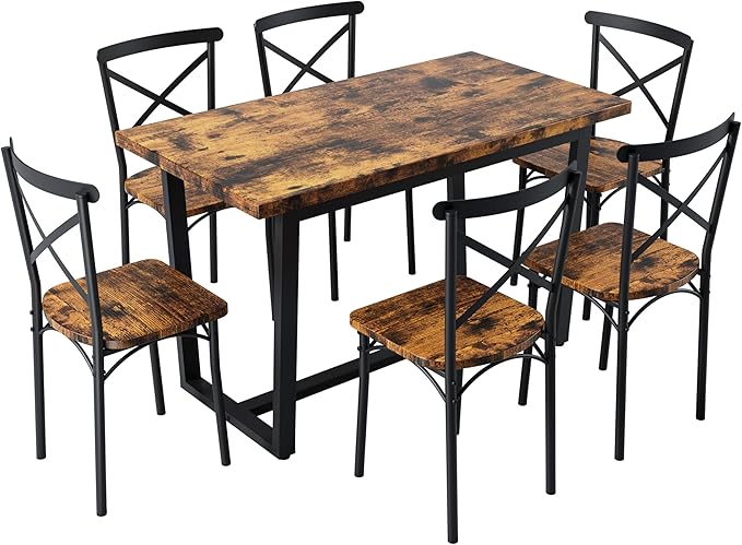 Ball & Cast 7 Pieces Dining Table Set,Kitchen Table and Chairs for 6 with 52" Table and 6 Chairs,Desk with Foot Pads,for Small Space,Apartment,Dining Room,Brown
