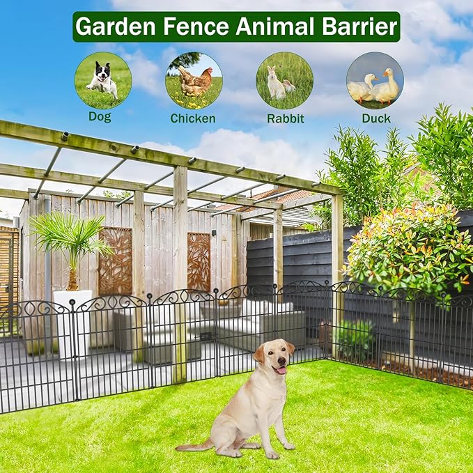 No Dig Decorative Garden Fence 6 Panel with Gate - 30in H x 11.8ft L, Tall Animal Barrier for Dogs Rabbits, Rustproof Metal Wire Panels for Yard, Patio, and Outdoor Border Use