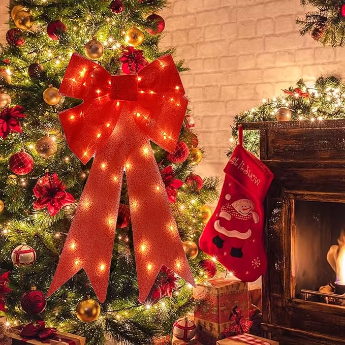 Christmas Bow Decorations Lighted Giant Christmas Bows Decoration 24 Inch Red Xmas Bows with LED Lights Xmas Tree Decorations Wreath Yard Décor Light for Indoor Outdoor Decor (2)