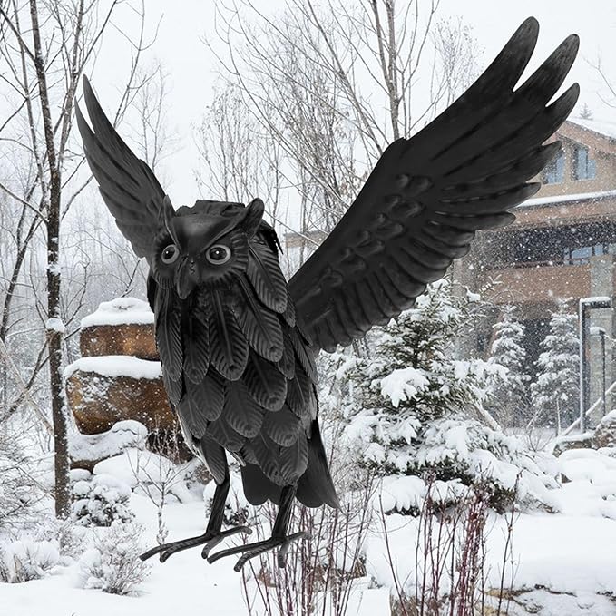Natelf Solar Owl Decoy Sculptures & Statues Halloween Decoration, Standing Metal Bird Deterrent to Scare Birds Squirrels Away for Outdoor Garden Yard Patio, Black