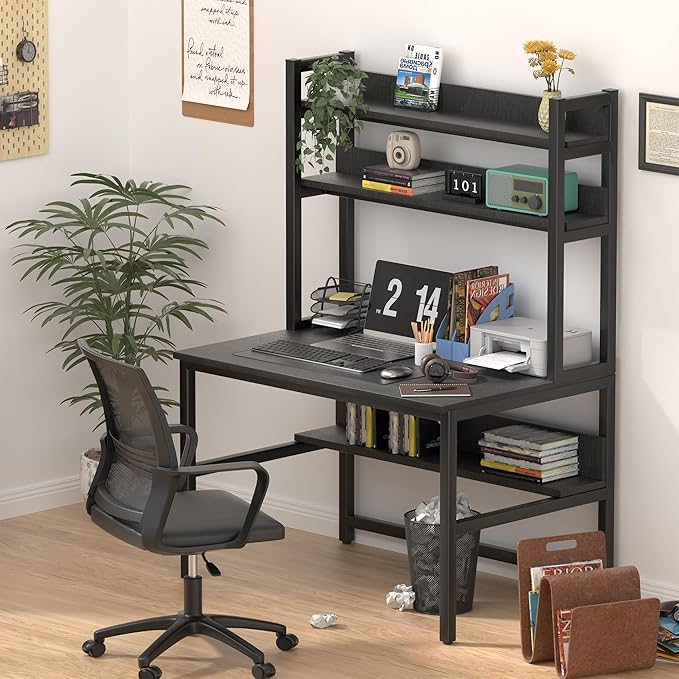 Aquzee Computer Desk with Hutch and Bookshelves, Large Leg Room 55 inch Width Black Desk with Space Saving Storage Shelves, Easy Assemble and All Hardware and Tools Included