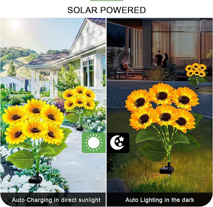 4 Pack with 24 Solar Sunflower Lights Outdoor Decorative Lights for Garden Gift for Mom and Friends, IP65 Waterproof Sunflower Garden Stake Lights for Yard Patio Lawn Pathway