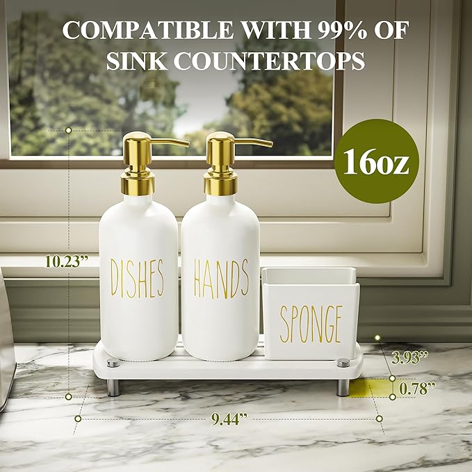 Cisily Kitchen Soap Dispenser Set Comes with Ceramics Sponge Holder, Gold Pumps, and Instant Dry Tray, Hand and Dish Soap Dispenser Set Suitable for Kitchen Decor and Accessories