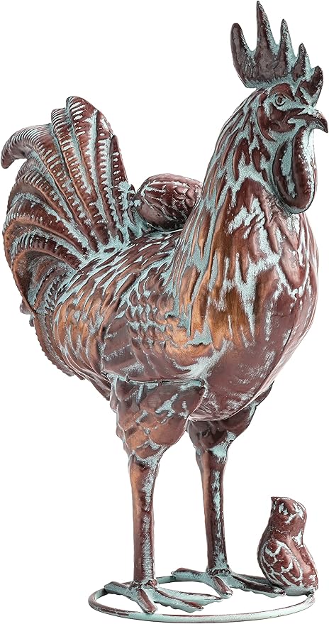 Metal Rooster w/ Chicks Statue Garden Yard Decor,15.7"L x 18.8"H Metal Chickens Yard Art, Vintage Outdoor Chicken Rooster Figurine for Backyard Patio Lawn Home Decoration, Gift for Chicken Lovers
