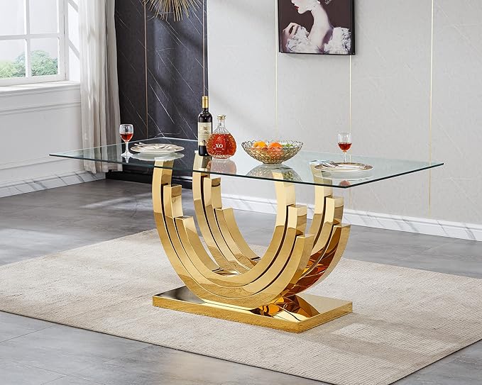 70 ''Glass Dining Table,Rectangle Glass Kitchen Table w/Tempered Glass Tabletop and Stainless Steel Base, Modern Glass Dining Room Table for Home, Kitchen, Dining Room