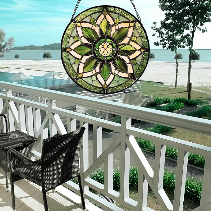 Stained Glass Window Hanging - White Green Boho Flower Suncatcher for Doors Window Home Sun Catchers Decor Christmas Mother's Day Birthday Gifts for Teacher Women Men Mom Nana 15 in