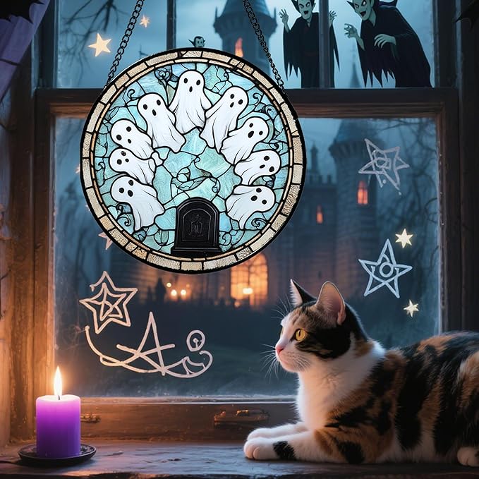 Stained Glass Window Hanging - Halloween Decorations Ghosts Tombstones Suncatcher for Doors Garden Indoor Spooky Funny Sun Catchers Gothic Decor Horror Gifts for Women Men Friend 9.8 in