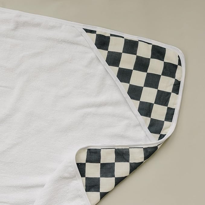 Mebie Baby Muslin Hooded Towel, Charcoal Checkered, Cute Hooded Baby Bath Towel for Newborn, Infant & Toddler, Modern Baby Towels and Washcloths for Boy & Girl, Floral & Pattern Hooded Baby Towels