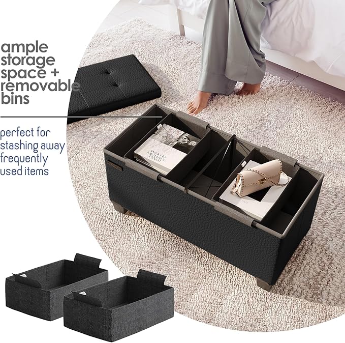 STORAGEBUD Storage Ottoman Bench with Bins, 30-in Storage Bench for Bedroom End of Bed, Folding Foot Rest Ottoman for Living Room Max 660lbs, Faux Leather Ottomans, Black