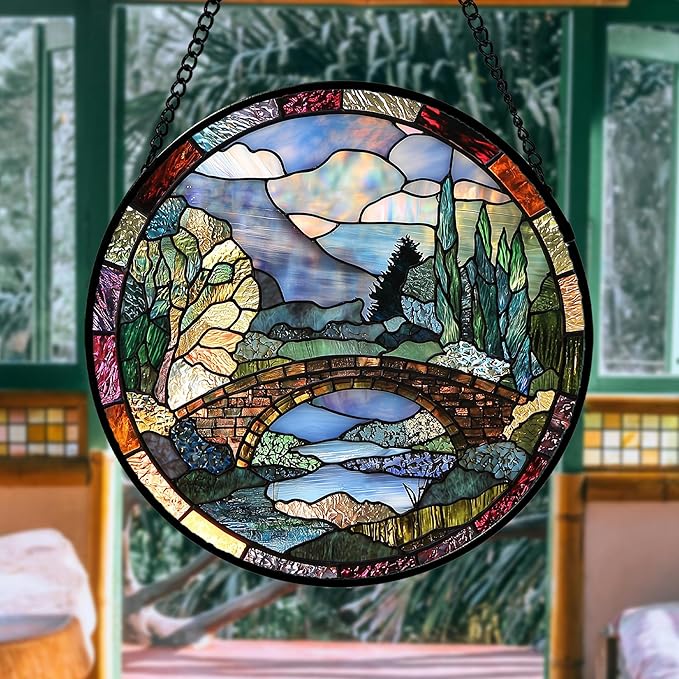 Stained Glass Window Hanging, Blue Landscape Arch Bridge Sun Catcher for Door Home Decor Suncatcher Christmas Mother's Day Birthday Gifts for Women Men Mom and Nana 9.8 in