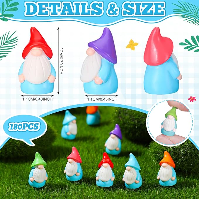 Mini Resin Gnomes Bulk Tiny Fairy Statues Small Gnomes Miniature Figurines for Landscape Outdoor Patio Yard Lawn Indoor Plant Pots Fairy Decor(180 Pcs,Mini Resin Dwarf)