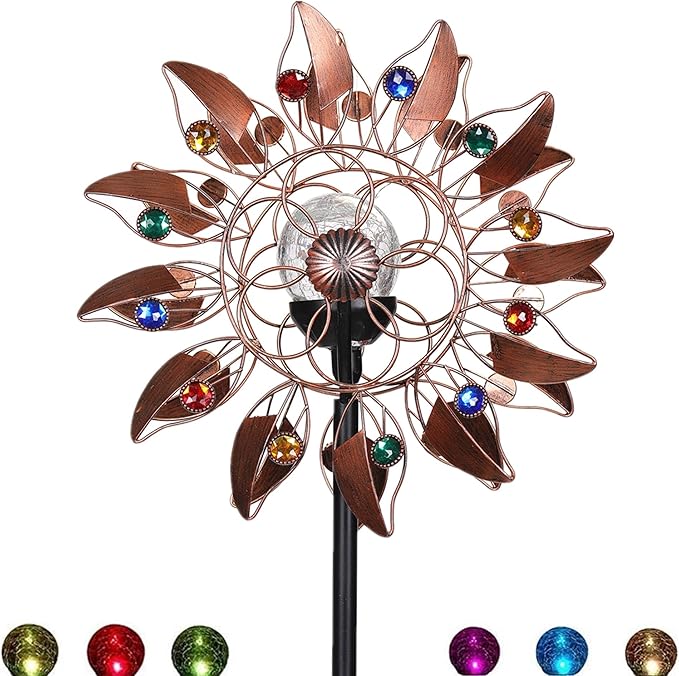 Solar Wind Spinner Multi-Color LED Lighting by Solar Powered Glass Ball with Kinetic Wind Aculptures Dual Direction Decorative Lawn Ornament Wind Mill