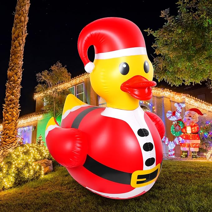1 Pcs 4.6 Feet Christmas Giant Inflatable Snowman Duck Outdoor Decorations,Huge Blow Up Yard Yellow Duck with Red Snowman Cloth Pool Float for Indoor Christmas Holiday Party Garden Patio Lawn Decor