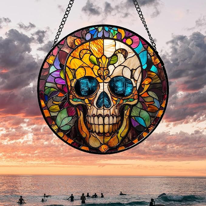 Stained Glass Window Hanging Halloween Retro European Colorful Skull Large 15" - Suncatcher Door Garden Sun Catcher Gothic Decor Birthday Horror Funny Gift for Mom Woman Nana Friend Men