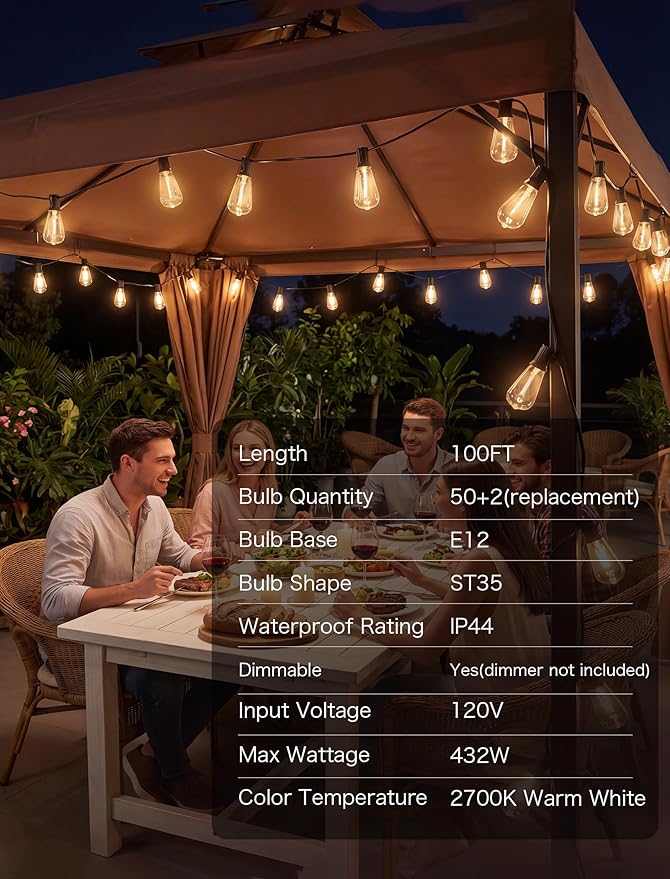 100FT LED Outdoor String Lights, Patio Lights with 50 Shatterproof ST35 LED Vintage Edison Bulbs Connectable LED String Lights, Waterproof Outdoor Hanging Lights for Backyard Garden