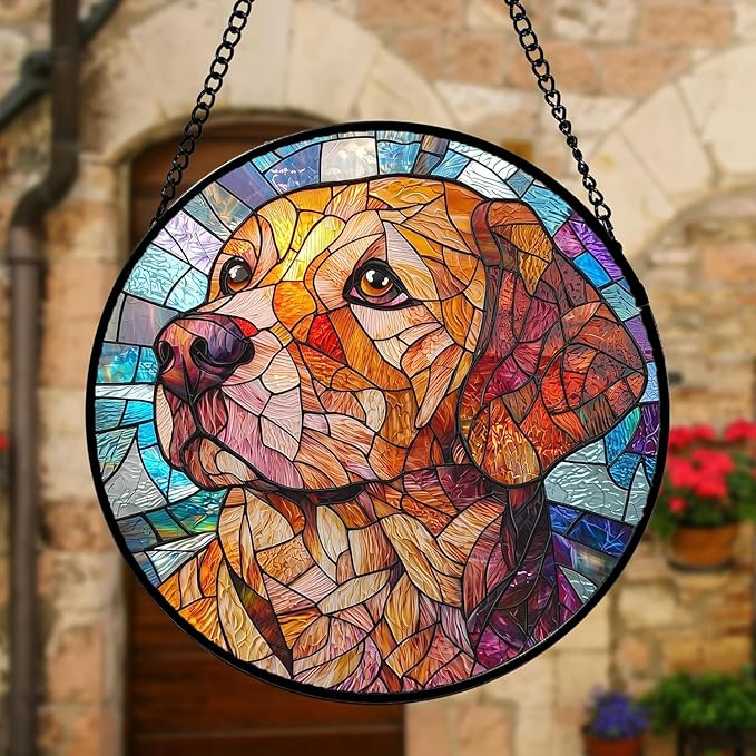Stained Glass Window Hanging, Cute Dog Abstract Sun Catchers Colorful Glass Panel Texture Suncatcher Decor for Birthday for Women, Men, Wife, Aunt, and Mom 14.9x14.9 in