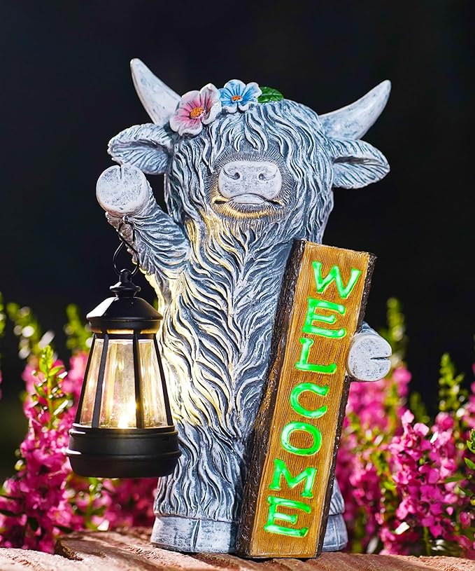 Nacome Highland Cow Garden Statue for Decor: Outdoor Sculpture with Solar Lantern and Welcome Sign for Outside Ornament Yard Art Lawn Porch Patio Balcony - Birthday Gifts for Women Mom(Gray)