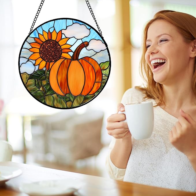 Stained Glass Window Hanging Fall Farm Scenery Sunflower Pumpkin 9.8" - Suncatcher Door Garden Kitchen Sunroom Sun Catcher Home Decor Birthday for Mom Grandma Men Woman