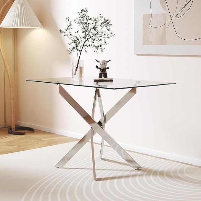 Tempered Glass Dining Table 48 Inch Mordern Rectangular Kitchen Table with Black Metal Legs for Dining Room Kitchen