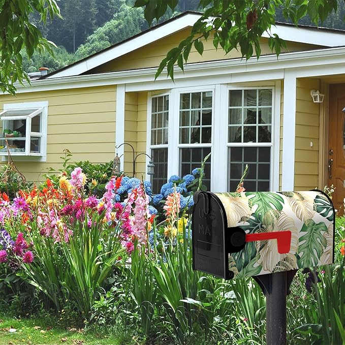 Summer Mailbox Cover Oversized Tropical Palm Leaf Magnetic Mailbox Wrap Jungle Leaves Waterproof Mail Box Post Letter Box Cover Large Size 25.5 X 21 Inch Garden Yard Outdoor Decoration