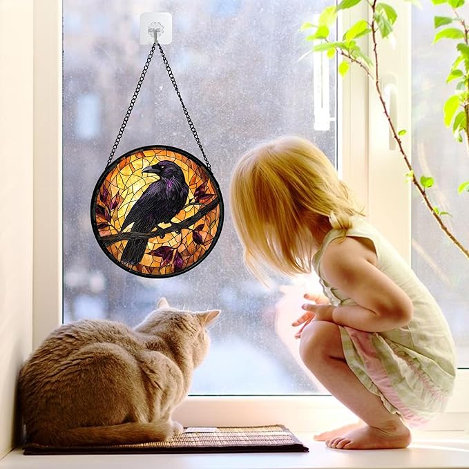 Stained Glass Window Hanging - Crow on a Branch Suncatcher Ready to Hang Window Doors Home Decoration and Christmas, Mother's Day Birthday Gifts for Women, Men, and Mom 6.3x6.3 in
