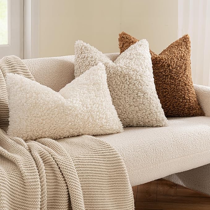 MIULEE Pack of 2 Throw Pillow Covers 22x22 Inch Neutral Light Beige Faux Fur Decorative Sherpa Pillow Covers Fuzzy Accent Soft Sheepskin Fleece Cushion Cases for Boho Home Decor Couch Living Room Bed