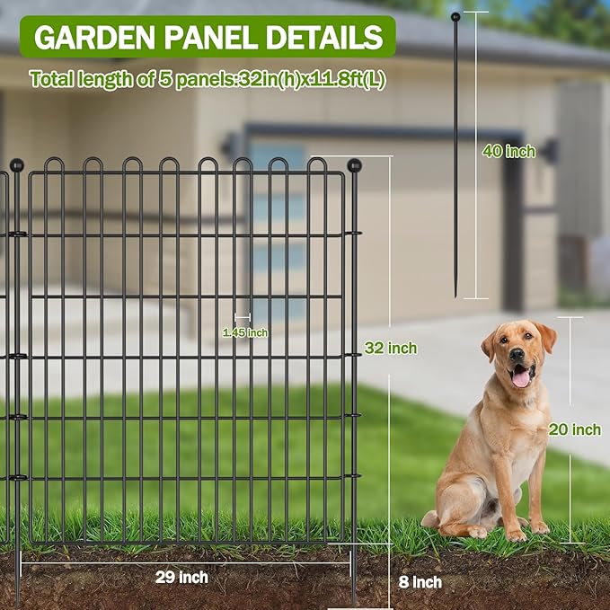 5 Panels No Dig Decorative Garden Fence for Yard, 32 in(H) X 11.8 ft(L) Animal Barrier Fencing for Outdoor Dog, Metal Portable Garden Fences for Borders, Pets, Landscape, Temporary Fence
