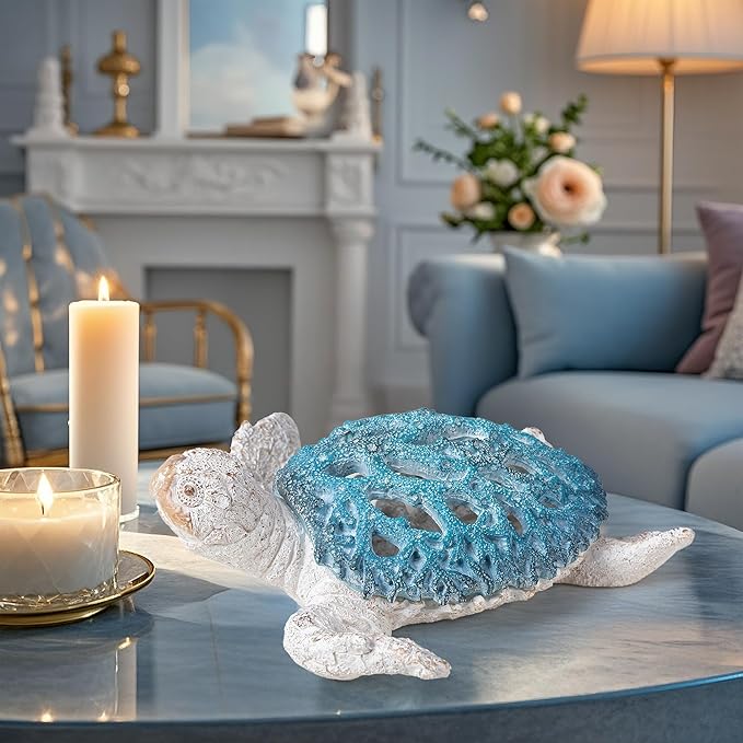 VVGIFTS Ocean Decor Sea Turtle Coral Reef Home Office Decor Sculpture Beach Coastal Tabletop Shelf Collection (Blue)