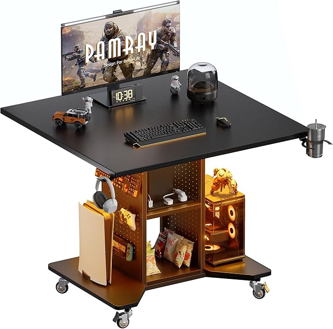 Pamray Small Rolling Gaming Desk with Led Lights Power Outlets and Storage Pegboard, Small Spaces Compact PC Computer Table Balck