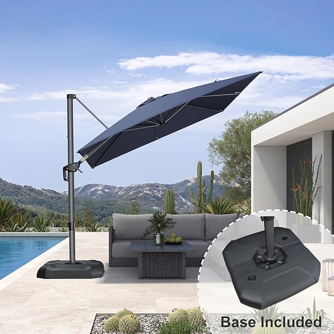 PURPLE LEAF 8 Feet Square Cantilever Umbrella Patio Umbrella with Base Outdoor Umbrella Aluminum Offset with 360-degree Rotation for Garden Deck Pool Patio, Navy Blue