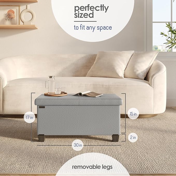 STORAGEBUD Storage Ottoman Bench with Bins, 30-in Storage Bench for Bedroom End of Bed, Folding Foot Rest Ottoman for Living Room Max 660lbs, Faux Leather Ottomans, Light Grey