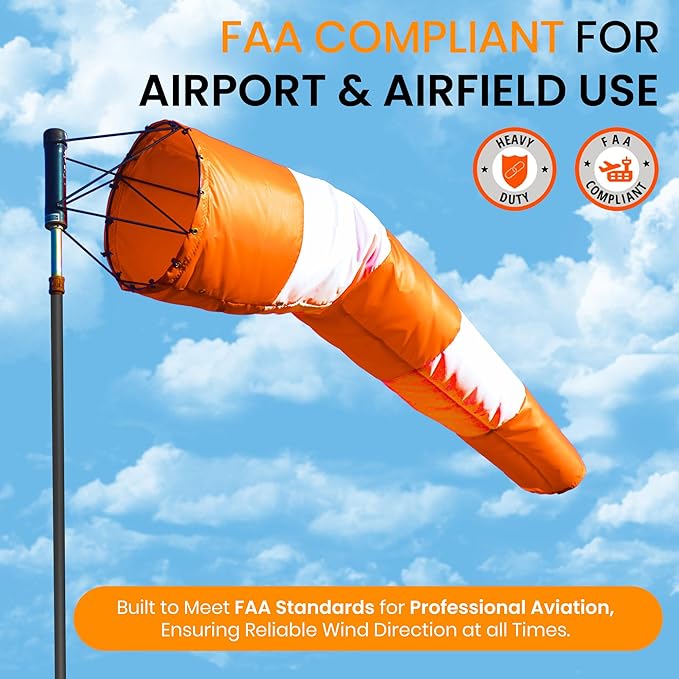 18"x48" Airport Windsock | Heavy Duty, All Weather, Waterproof, UV Fade Resistant, High Vis Fluorescent, Quad Stitched, Zip Ties Included, for Industrial, Ranch, and Agricultural Use | Orange & White