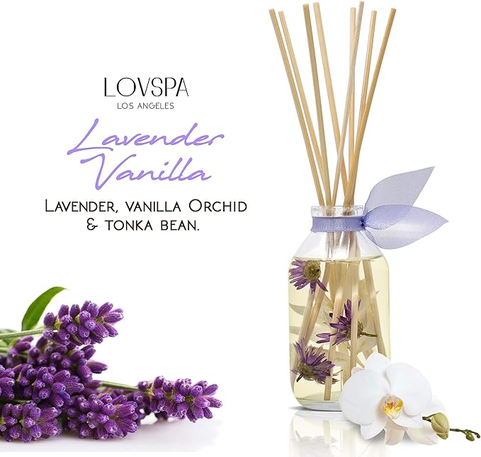 LOVSPA Reed Diffuser Set, Lavender Vanilla Scented Oil Diffuser with Sticks, Home Fragrance Accessories for Bathroom Shelf Decor, Aroma Diffusers for Home or Office Desk, USA Made