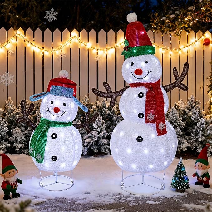 Hausse Set of 2 Lighted Christmas Snowman Decorations, 3.6+2.6FT Outdoor Pre-Lit White Snowmen with Lights, Light Up Collapsible Xmas Yard Display, Plug in for Holiday New Year Winter Garden Yard