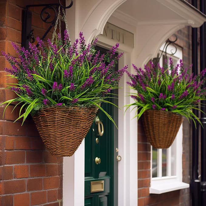 Artificial Flowers for Outdoor Plants 24 Bundles Fake Lavender Plastic Faux Monkey Grass for Verandah Window Garden Office Patio Front Porch UV Resistant for Planter(Fuchsia)