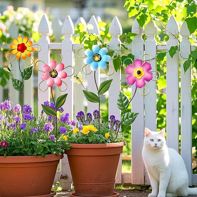 Metal Flowers for Outside, 15.85" 4-Pack Decorative Garden Stakes for Spring Garden Decor, Shaking Head Yard Art Decorations for Patio Porch Lawn Ornaments