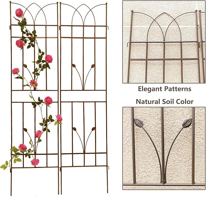 2 Pack Metal Garden Trellis 71" Fence Rustproof Garden Trellis for Climbing Plants Support Roses Flower Outdoor Lawn, Brown 6FT