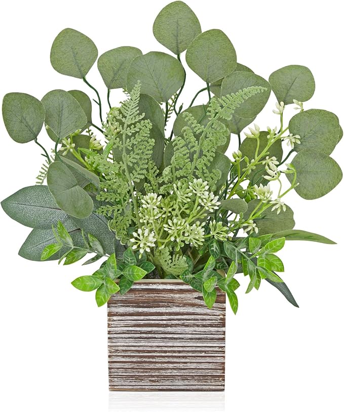 Hollyone Artificial Eucalyptus Plant in Rustic Wood Planter 14" Faux Eucalyptus Fern Greenery Arrangement Potted Plant Centerpiece for Farmhouse Home Indoor Wedding Table Mantel Shelf Kitchen Decor