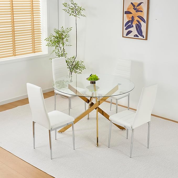 47.24" Round Glass Dining Table Modern Kitchen Glass Top Table for 6 with Gold Chrome Metal Legs, Clear Dining Table Kitchen Table for Home Office Dining Room