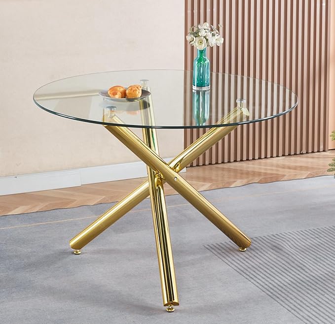 43.3" Round Glass Dining Table for 6, Modern Clear Glass Kitchen Table for 6 with Gold X Metal Legs, Contemporary Small Circle Dining Room Leisure Tables for Kitchen Apartment