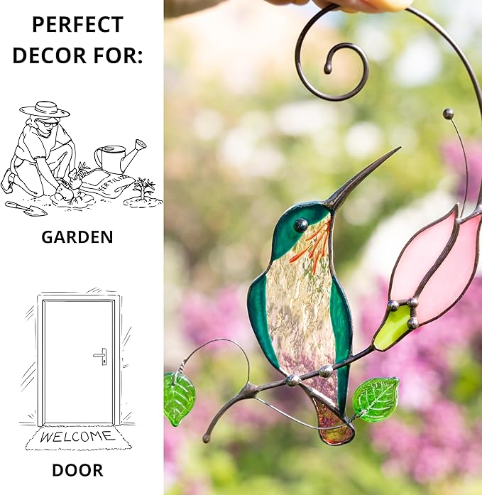 Hummingbird Cardinal Birds Stained Glass Suncatcher Genuine Stained Glass Window Hangings Unique Indoor Ornament & Outdoor Decor (Hummingbird)