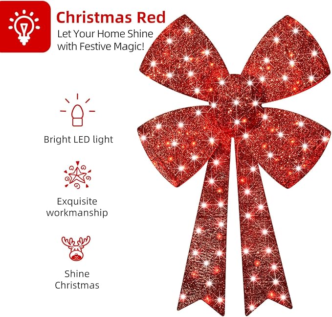 Lighted Giant Christmas Bows Decoration - HOYECHI Lighted Large Outdoor Bows for Wreaths, Outdoor Hanging Christmas Decorations, LED Holiday Yard Décor with 105 Lights - Red