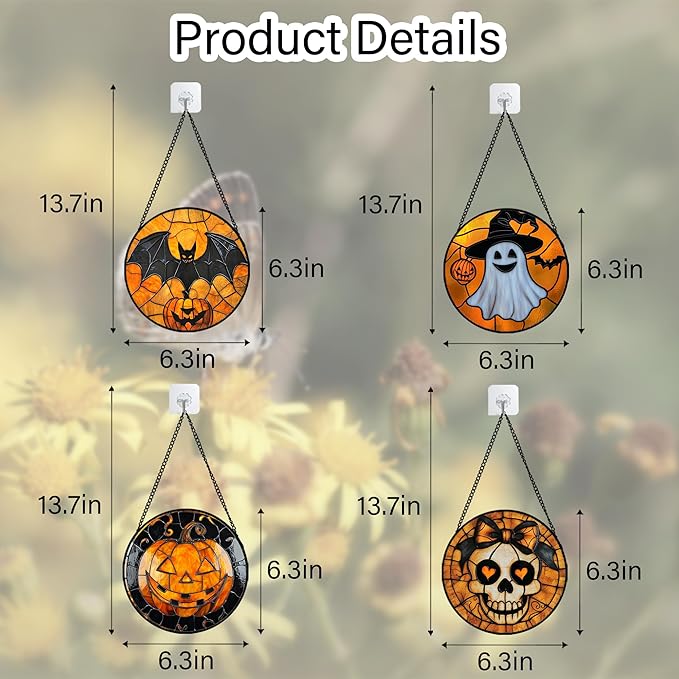 Stained Glass Window Hanging 4 Pcs Set Ghost Pumpkin bat Gothic Decor 6.3" - Horror Halloween Suncatcher Door Garden Sun Catcher Birthday White Elephant Gifts for Mom Woman Men Friend