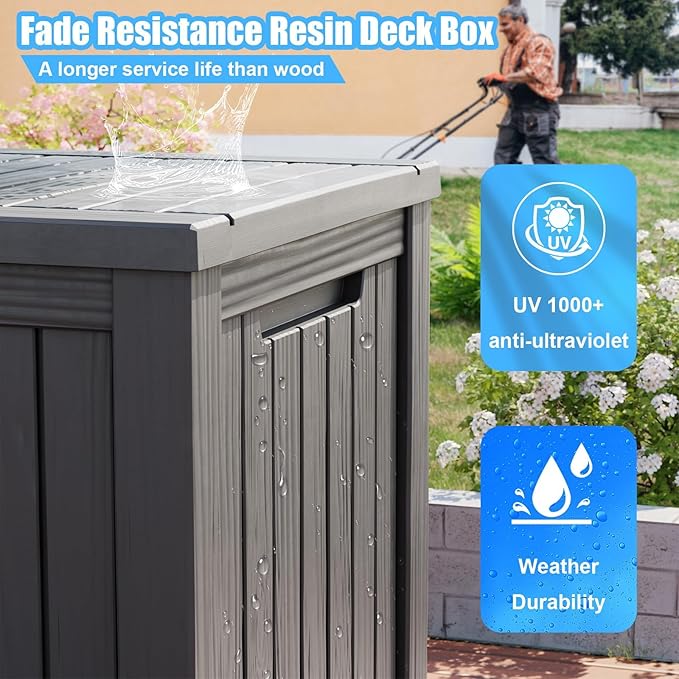 TARKARI 200 Gallon Lockable Resin Deck Box, Waterproof & UV-Resistant Outdoor Storage Box for Outdoor Cushion Storage, Garden Tools & Pool Accessories Storage, Gray