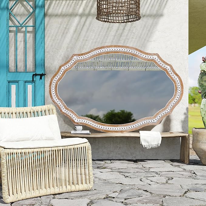 24" x 35" Wooden Farmhouse Oval Mirror for Wall Decor, Living Room, Bedroom, Bathroom Rustic Decorative Mirror for Entryway - Vertical or Horizontal Hanging